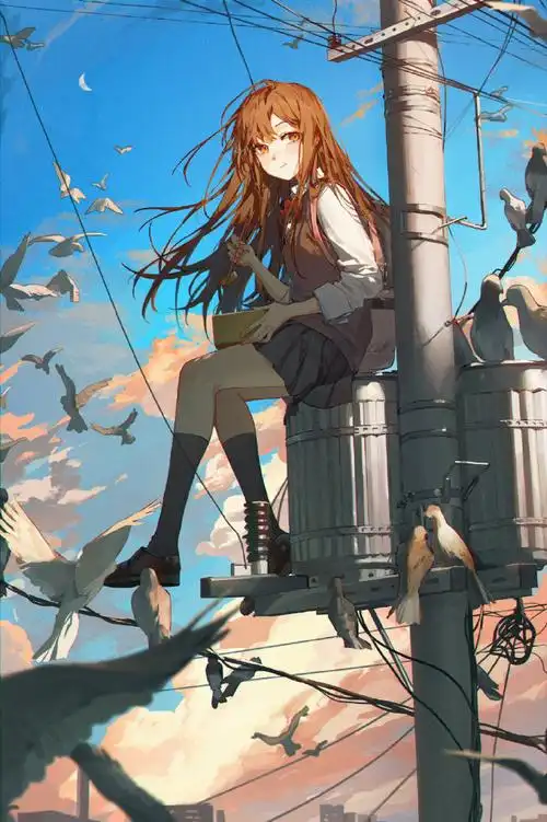 蓝天电线杆上的动漫少女